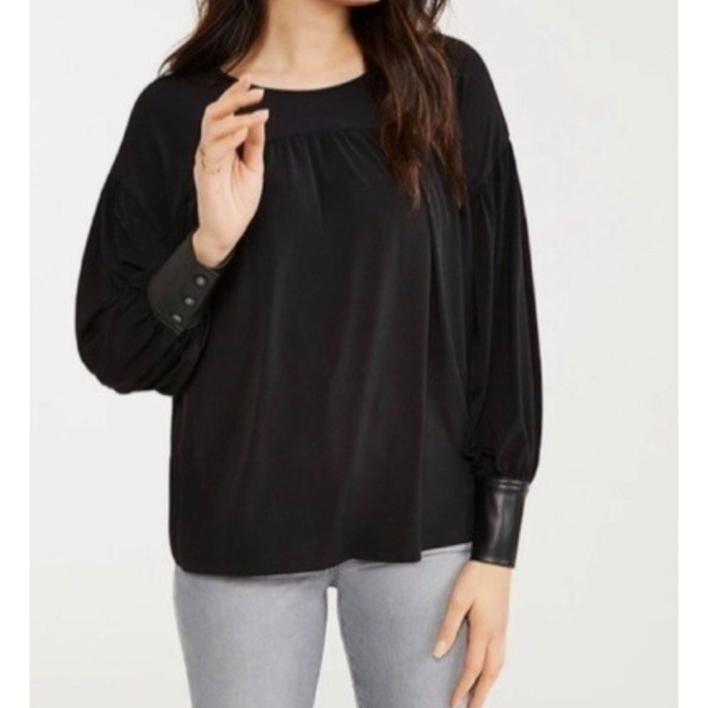 Ann Taylor Top Womens Medium Black Faux Leather Cuff Office Siren Dark Romantic